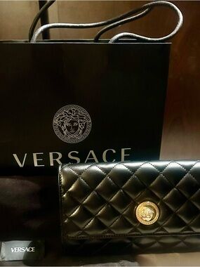 Versace Black Quilted Leather Wallet on Chain with Gold Medusa Emblem
